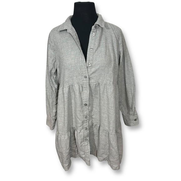 GAP Tiered Mini Shirt‎ Dress Long Sleeve Button Down Casual Gray S Petite - Picture 1 of 8